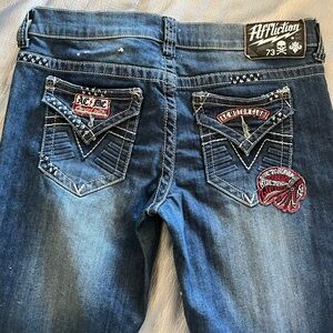 Affliction Blue Denim Jeans with Rips and Patches